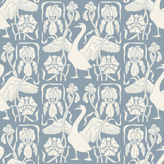 Art nouveau damask seamless pattern with hand drawn elegant blue and white silhouette of swan and iris flowers