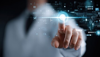 A hand touches a digital interface