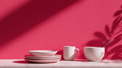 Fototapeta premium Empty tabletop set against a vivid pink wall, enhanced by creative shadows for product staging
