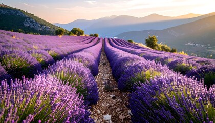 Fototapeta premium Lavender Field in Bloom at Sunset with Mountain Backdrop