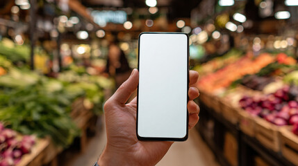 Hand holding smartphone with blank screen in grocery store produce aisle..Mock up. Copy space