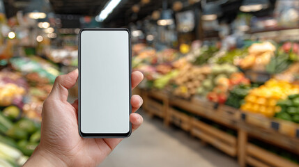 Hand holding smartphone with blank screen in grocery store produce aisle..Mock up. Copy space