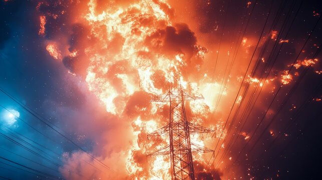 Intense juxtaposition: electrical pylon stands amidst celestial blue, star-filled sky and turbulent, blazing orange inferno of clouds