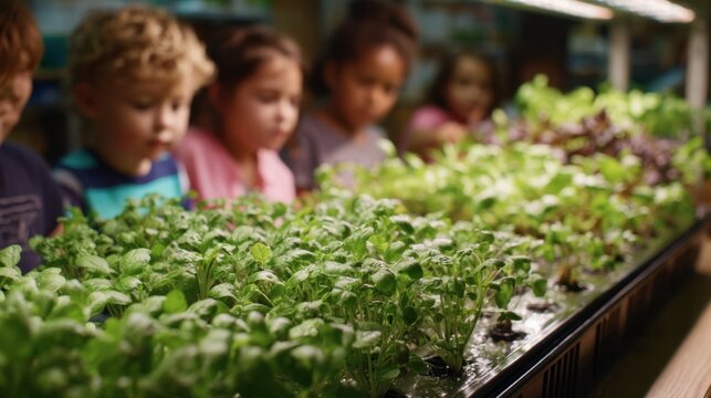 Medium shot focusing on a colorful hydroponic system filled with thriving green herbs while playful children in the blurred background eagerly observe their handson lunchroom - Powered by Adobe