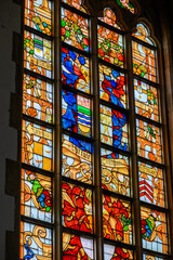 Stained glass windows of the Church of Saint Bavo Grote Kerk, Reformed Protestant church in...