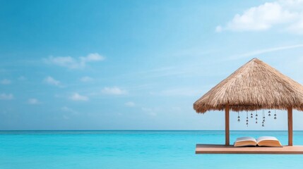 Tropical Reading Open Book on Beach Hut, Azure Sea, reading, vacation
