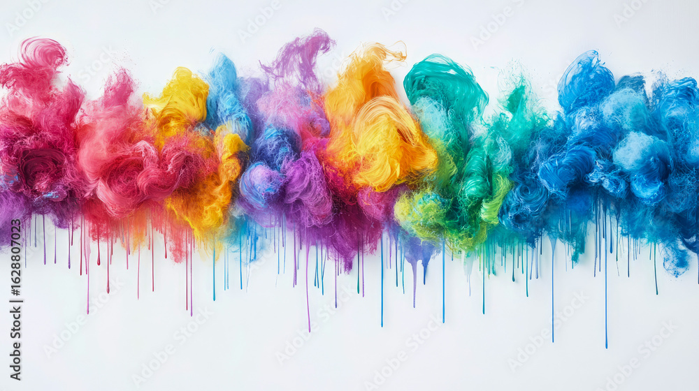 Poster vibrant rainbow gradient of soft textured clouds and cascading paint drips on bright white backgroun