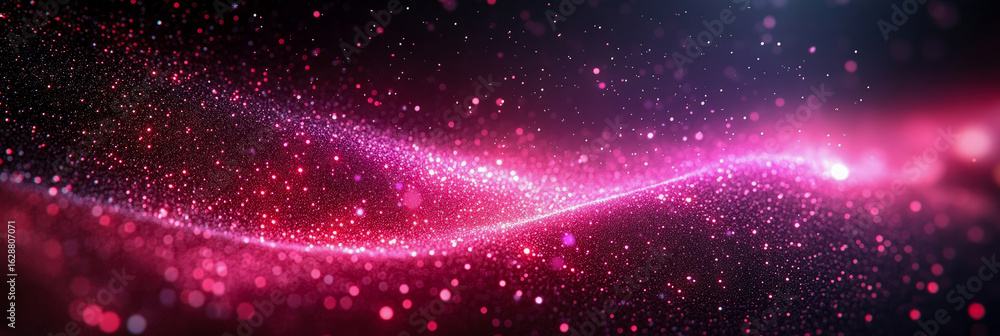 Poster vibrant abstract wave of shimmering pink and purple glitter particles flowing through dark, ethereal