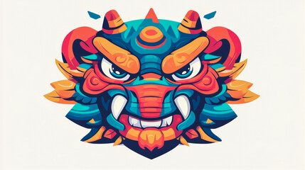 Fototapeta premium Vibrant and dynamic stylized illustration of fierce mythological creature or monster head in bold graphic art style with intricate details and striking color palette