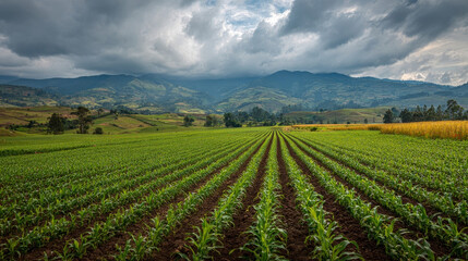Open farmland with crops stretching into the horizon beneath a cloud-filled sky, showcasing sustainable agriculture in Colombia