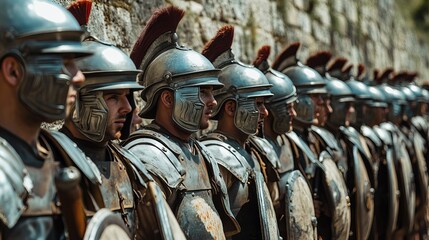 Ancient roman legionnaires in combat formation facing a sturdy stone wall during battle