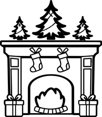 SVG vector illustration of a decorated Christmas tree with gifts.Cozy Fireplace with Christmas Trees and Stockings for Holiday