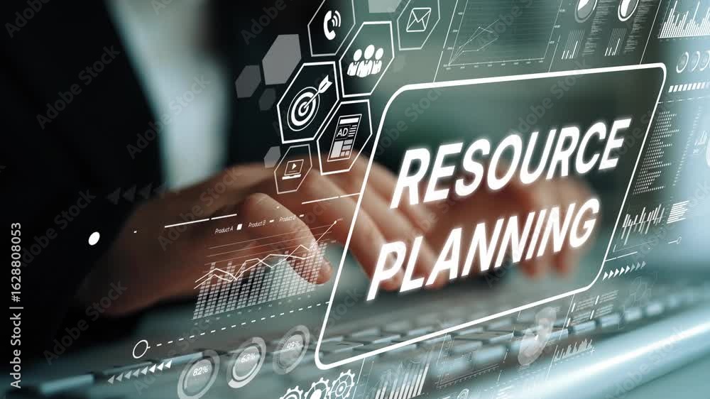 Poster focused hands typing on laptop with resource planning graphic overlay and infographics in a modern o