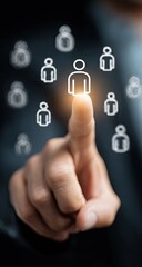 A hand points at a highlighted person icon among other icons