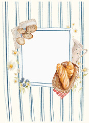 Watercolor template frame. Hand drawing border of jam, fresh food, bakery, countryside and picnic elements. Vintage print in cottage core style for design, restaurant menu