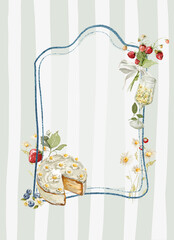 Watercolor template frame. Hand drawing border of jam, fresh food, cake, countryside and picnic elements. Vintage print in cottage core style for design, restaurant menu