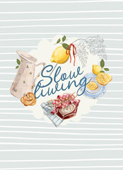 Watercolor template frame of slow living. Hand drawing poster of yellow lemons, jam, fresh food, countryside elements. Vintage print in cottage core style for design, restaurant menu