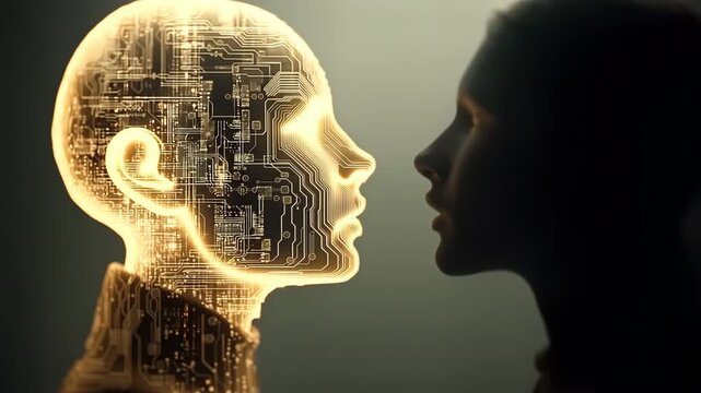 A futuristic silhouette of a human and a robotic head, intertwined with glowing circuitry, evokes a sense of connection and innovation, hinting at advanced brain-computer interfaces.