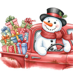 Snowman in a red retro truck with a Christmas tree