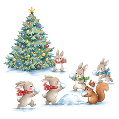 Winter hares and squirrel playing snowballs against the backdrop of a Christmas tree, watercolor painting