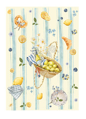 Watercolor template frame in mediterranean style . Hand drawing border of yellow lemons, citrus fruits, fresh food, limes, picnic elements. Italian print for design, invitation card