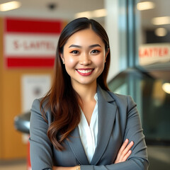 Obraz premium Asian businesswoman specializing in car loan services. Proficient in terms like extended warranty, lease, MSRP, and navigating financing options for customers' automotive needs.