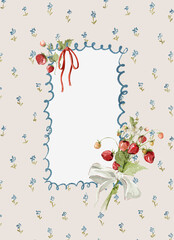 Watercolor template frame. Hand drawing border of strawberry, berries, countryside and picnic elements. Vintage print in cottage core style for design, restaurant menu