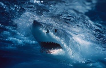 Fototapeta premium Close up of shark mouth with teeth and fin emerging from water, great blue shark in action photo taken by national geographic