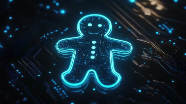 A creative and festive design with a blue light gingerbread man in the middle of a circuit board, evoking a sense of holiday spirit and tech innovation.