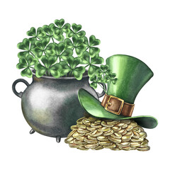 A pile of gold coins under a leprechaun's top hat and a cauldron with clovers. Hand-drawn watercolor illustration. For St. Patrick's Day. For greeting cards, packaging, invitations, and festive decor.