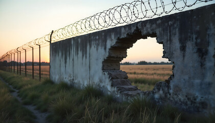 Section of concrete wall with a large hole in rural landscape at sunset  