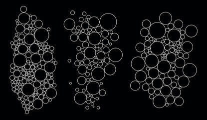 Set of abstract circle outline clusters on black background. Minimalist geometric vector design.