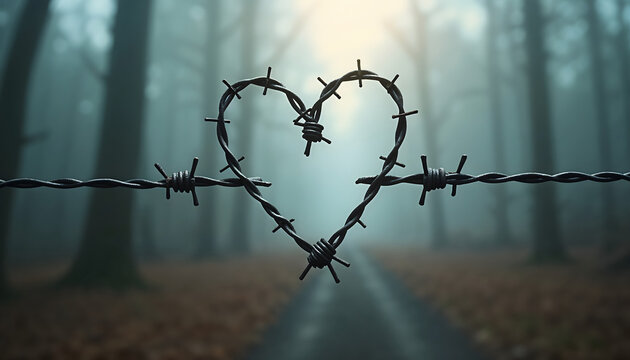 Intricately woven barbed wire forming a heart in misty forest background  