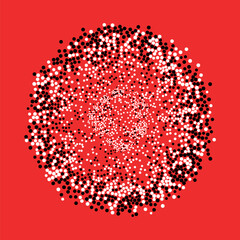 Abstract cluster of black and white dots on a red background. Geometric particle illustration.