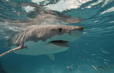 Naklejka premium Close up of shark mouth with teeth and fin emerging from water, great blue shark in action photo taken by national geographic