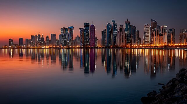 the photograph shows a skyline bathed in the soft light of either dawn or dusk. various contemporary skyscrapers of differing heights and designs form the main subject
