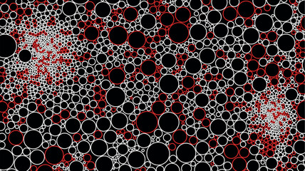 Red and white circle outlines pattern on black background. Abstract vector geometric monochrome design.