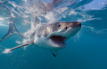 Naklejka premium Close up of shark mouth with teeth and fin emerging from water, great blue shark in action photo taken by national geographic