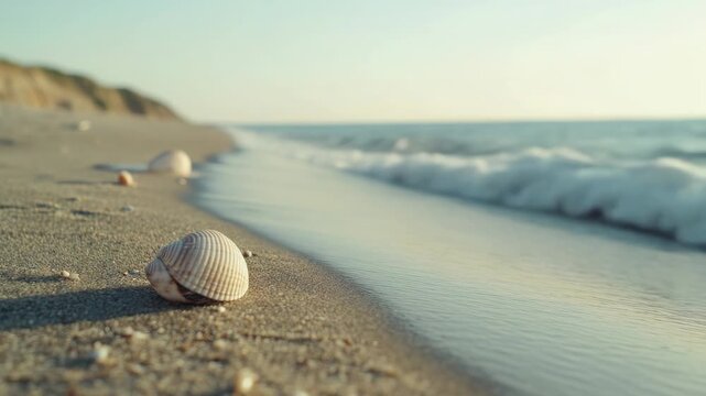 A shell lying on a sandy beach near the ocean, with waves gently rolling in
