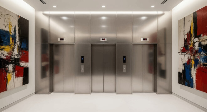 Modern interior design of an empty office corridor with a long glass wall, doors, and a metal elevator
