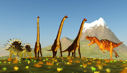 Giraffatitan Dinosaur Herd - A Ceratosaurus theropod dinosaur attacks a herd of Giraffatitan and Kentrosaurus dinosaurs. © Catmando