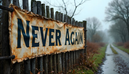 Torn and weathered banner displaying "Never Again" in countryside  