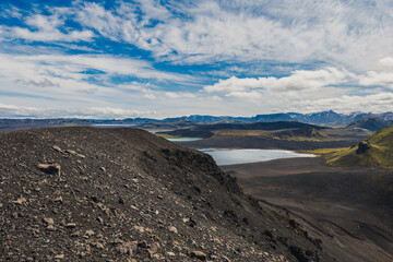 Volcanic Landscape with Lake and Mountains in Iceland