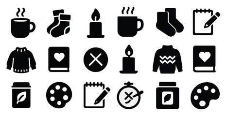 Cozy home essentials solid icons set – silhouette, warm, comfort symbols