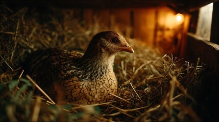 the image shows a bird resting in a nest of dry grass or hay, possibly inside a wooden enclosure. the bird has a brown and tan plumage with dark stripes on its wings