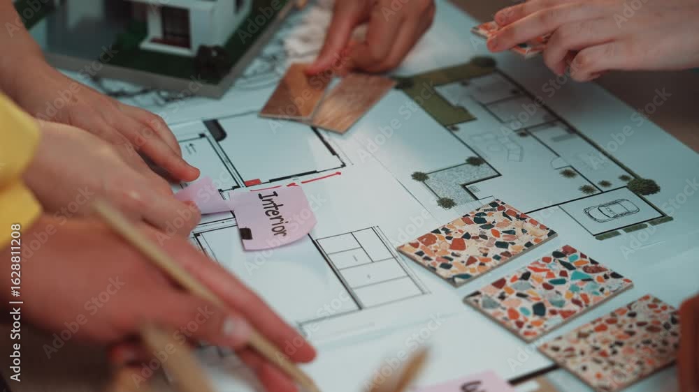 Poster a dynamic interior design planning session showcases hands actively engaging with floor plans and co