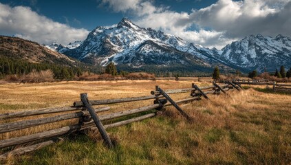 Fototapeta premium Mountain vista with weathered wooden fence