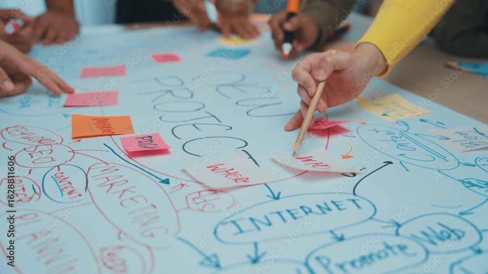 Aufkleber a vibrant scene of a collaborative brainstorming session, showcasing hands gesturing over colorful n