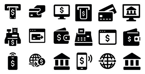 Finance and banking solid icons set – filled, transaction, currency symbols