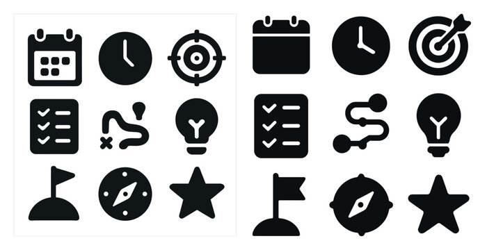 Time management solid icons set – silhouette, filled, productivity tools